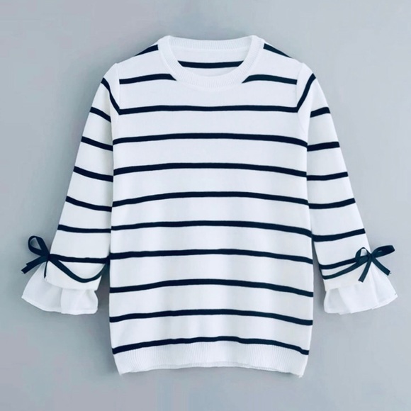 Striped Tie Detail Flounce Sleeve Sweater - Picture 3 of 7